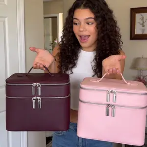 Vanity Case Burgundy Large Travel Makeup Bag Organizer with Removable Divider Zipper Cosmetic Bag Compact