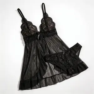 Coquette Bow Decor Contrast Lace Set - Romantic Fitted Slip Dress & Panty elegant Floral Adjustable