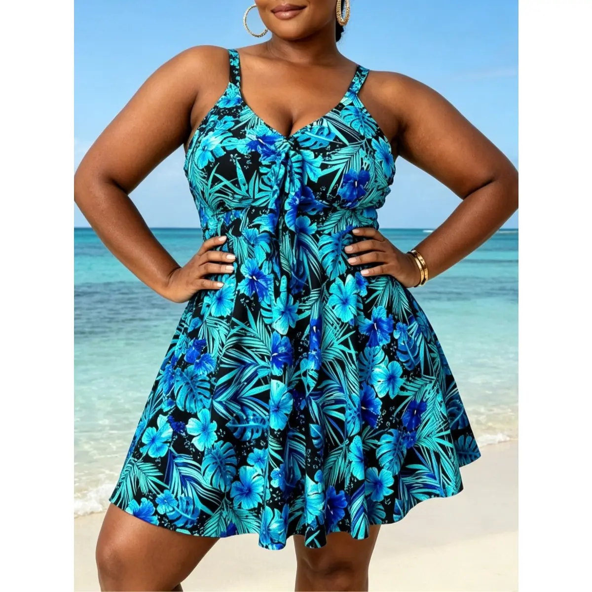 2026 Women's Plus Size Tropical Floral Swim Dress, V-Neck with Front Bow Detail, Blue Hibiscus & Palm Print, Flared Skirt One-Piece Bathing Suit for Beach & Vacation