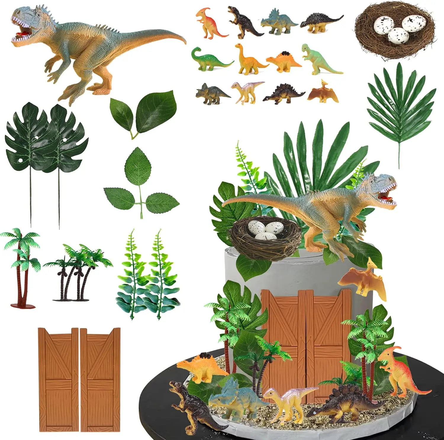 32 PCS Dinosaur Cake Toppers Dinosaur Birthday Cake Decorations with Dinosaur Eggs Leaves for Dinosaur Themed Birthday Party Cake Decorations (Style 1)