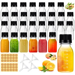 42 Pcs 2oz Plastic Bottles for Liquids, Mini Jars with Lids juice shot bottles with caps with Scale and Labels for Juice Ginger Sauce Bulk Portable Travel