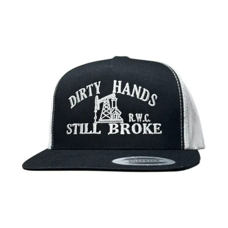 RW DIRTY HANDS STILL BROKE Pumpjack Hat - Black Snapback with Graphic Design and Authentic Sourcing from Tupping since 1876 Trucker Hat Accessory