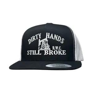 RW DIRTY HANDS STILL BROKE Pumpjack Hat - Black Snapback with Graphic Design and Authentic Sourcing from Tupping since 1876 Trucker Hat Accessory