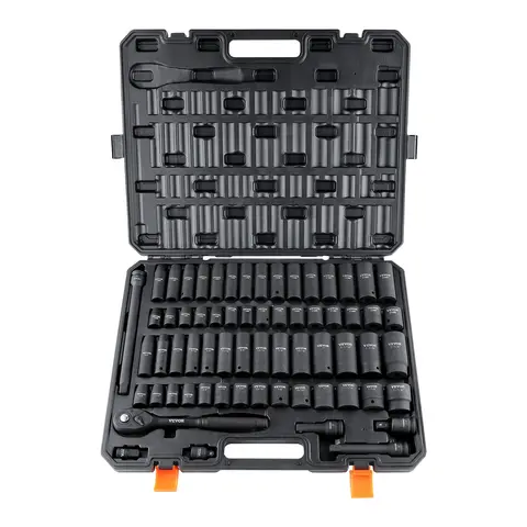 VEVOR 65-Piece Cr-V Alloy Steel Metric Impact Sockets Set, 10-24mm Hex Drive Sockets with 72-tooth Ratchet, Abundant Components, Less Bolt Rounding, Laser Etched Markings, Heavy-Duty Tools for Mechanics, Car Repair Tool Box,toolupgrade