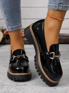 Women's PU Loafers Spring Fall New Style, Metal Buckle Thick Sole Platform Shoes, Vintage British Leather Casual Footwear