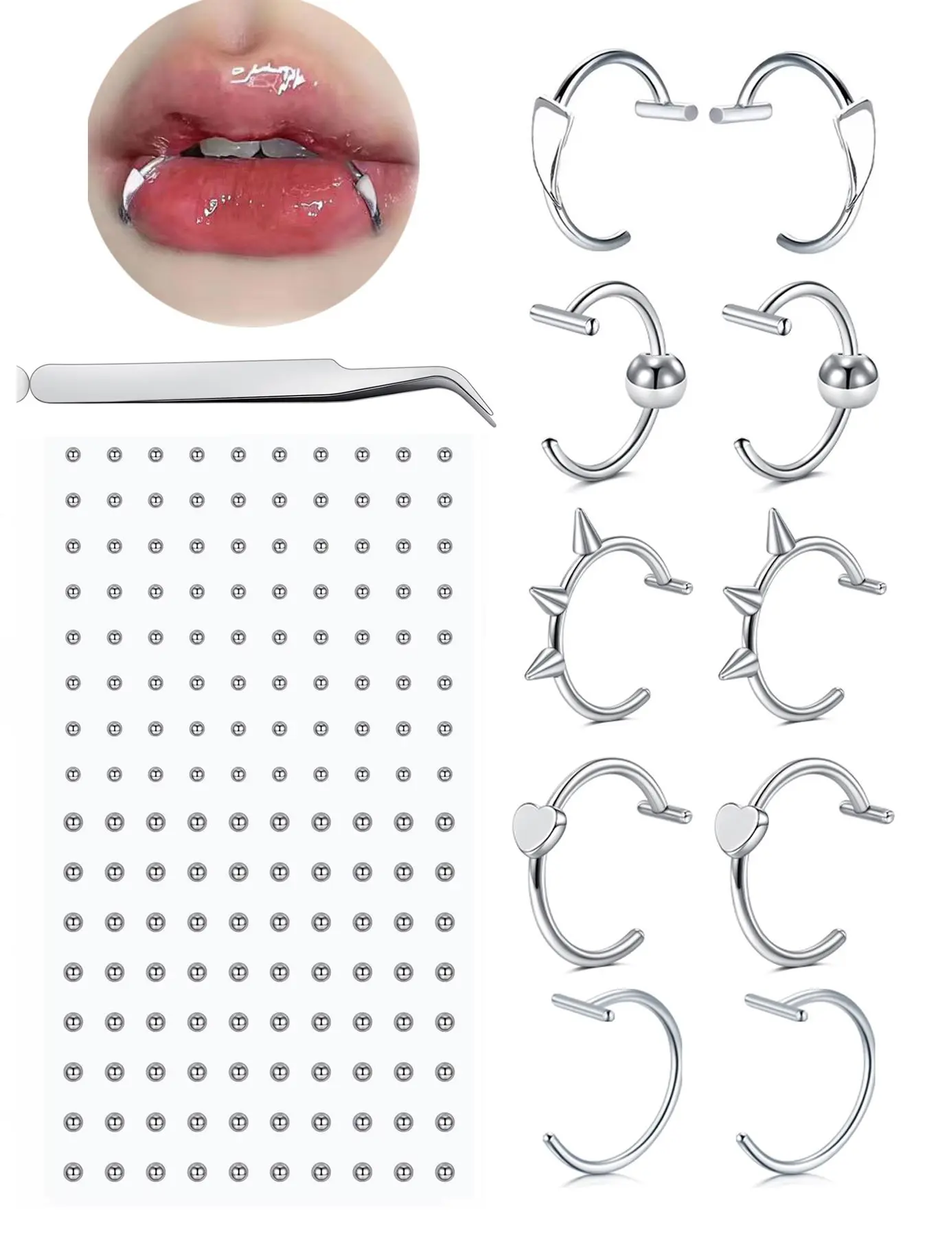 Fake Lip Ring Fake Labret Studs Sticker Fake Piercings Nose Stud, Fake Eyebrow Stud, Punk Fake Face Piercing Jewelry Stainless Steel Non Piercing Y2K Disposable Stickers Spiral Nose Ring Body Jewelry