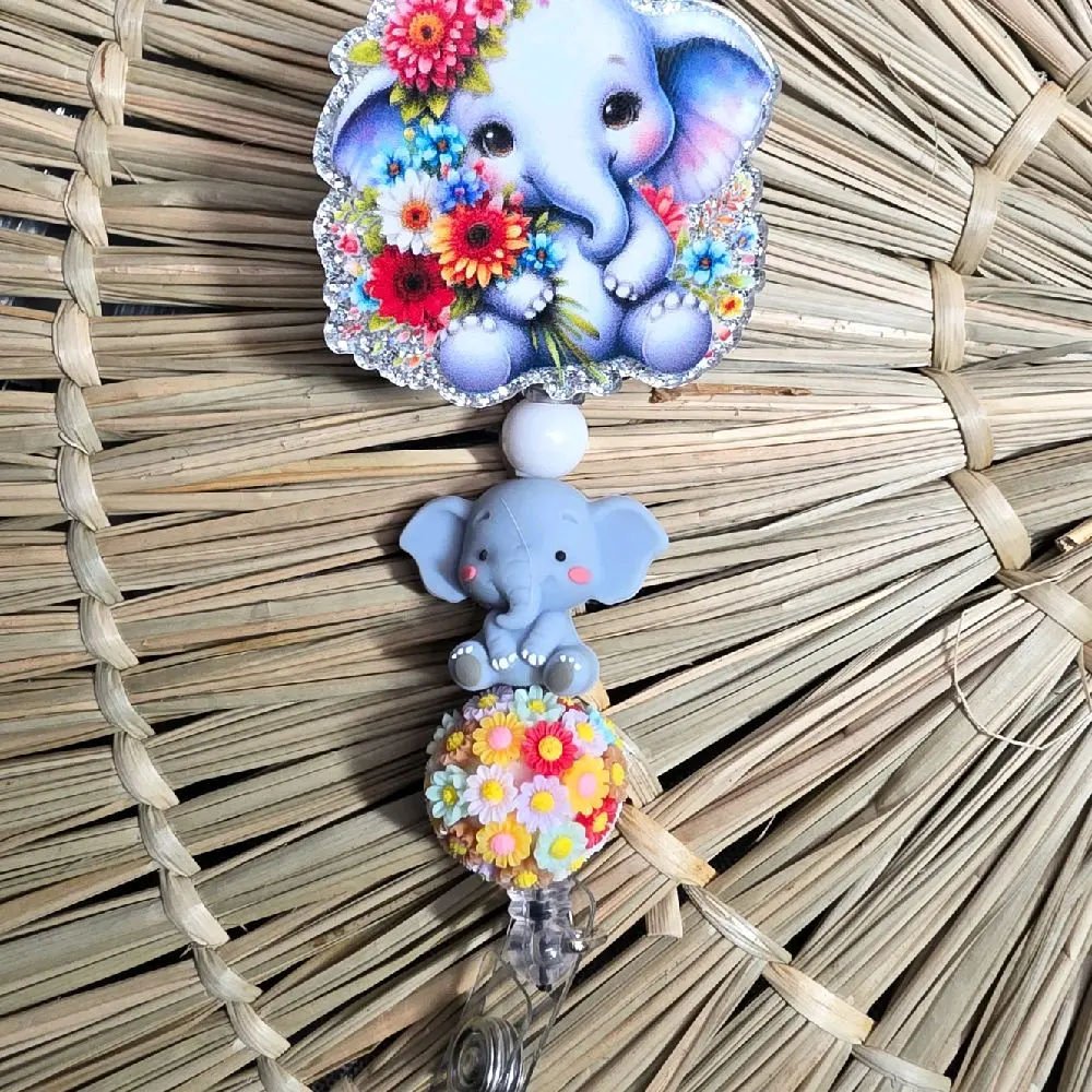 Cute Elephant with Flowers Badge Reel - Adorable Design for Easy Access and Stylish Look