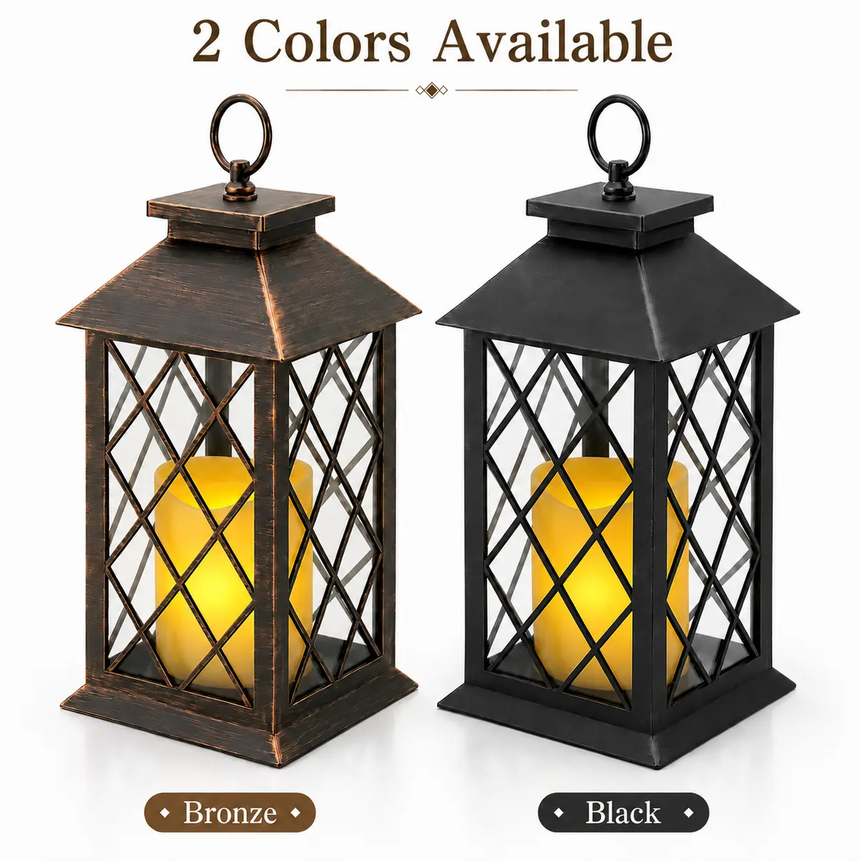 APZZLOXH 1/2 Pack Vintage LED Flame-less Candle Lanterns, Battery-Powered Decorative Hanging Lanterns with 6H Timer, Bronze/Black Metal Lattice Lanterns for Patio, Porch, Garden, Table Decor