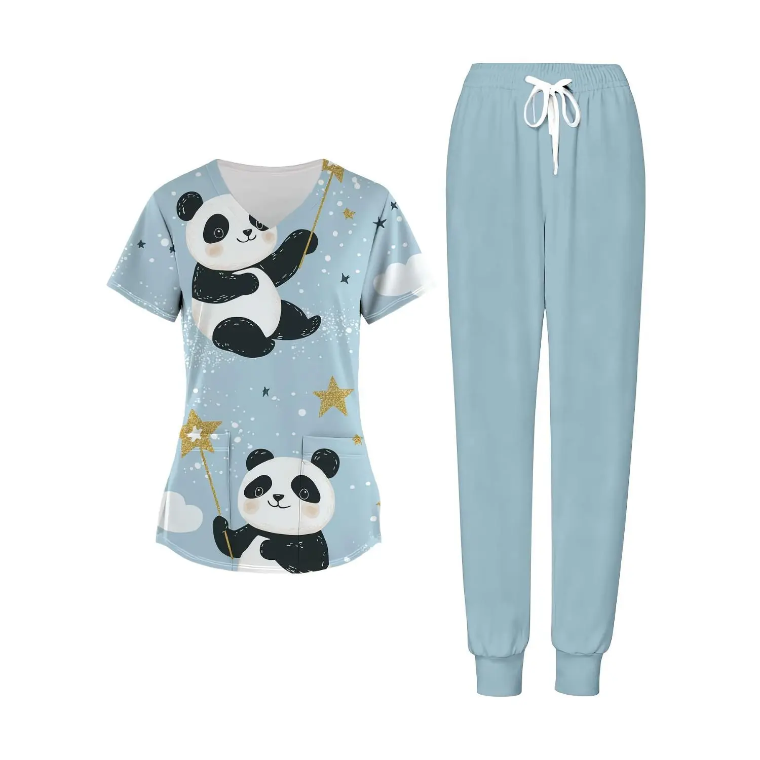 Elegant Women's Two-Piece Panda Print Set | V-Neck Short Sleeve Pocketed Top with Cute Panda and Star Pattern, Ideal for Work, Leisure, Everyday Wear, and Holiday Seasons