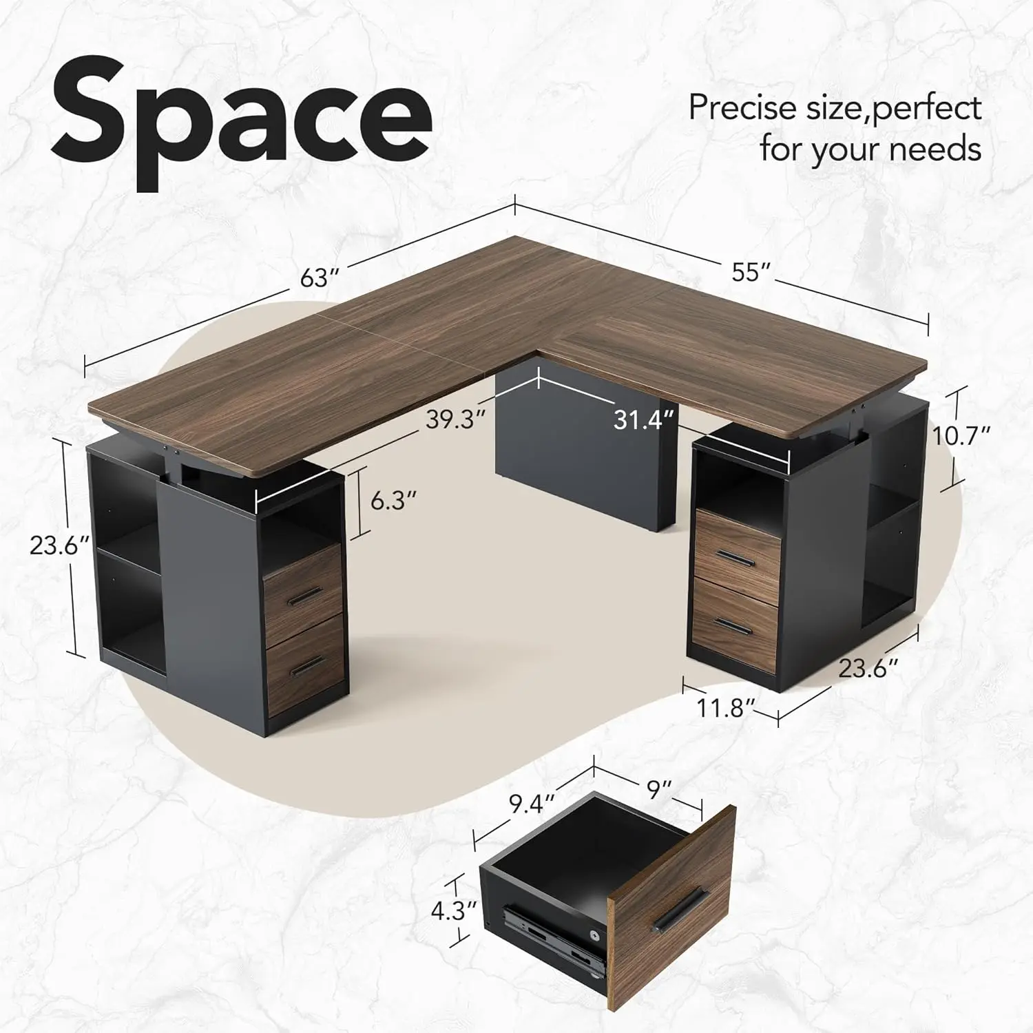 HUANUO 63-Inch L-Shaped Ergonomic Height Adjustable Steel Wood Computer PC Desk, Electric Executive Standing Desk with Storage Drawers, Reversible Home Office Corner Workstation, Black Walnut, L Shaped Desk