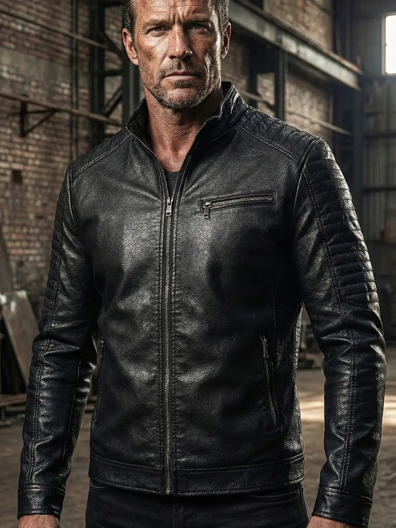 Men's Stand Collar Zipper Front Long Sleeve Fitted Leather Jacket, Single Piece, Stylish and Durable, Perfect for Casual Wear, All Seasons Coats, Casual Fitted Jackets