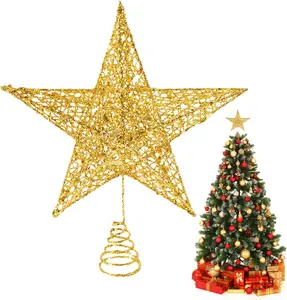 Glittered Christmas Tree Topper 8 Inch Gold Glitter Metal Hollow Star for Home Decoration Xmas Holiday Party Festive Atmosphere Enhancer