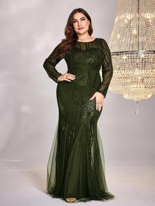 【plus size】 solid contrast sequins dress, elegant round neck long sleeve evening party gown, women's clothes for spring & fall, dresses for women, women's clothing, womenswear, formal classy modest dresses