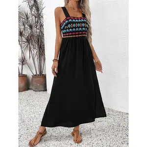 2025 New Sleeveless Strap Long Dress Ethnic Style Floral Embroidery Patchwork Dress Black Casual Womenswear Bohemian
