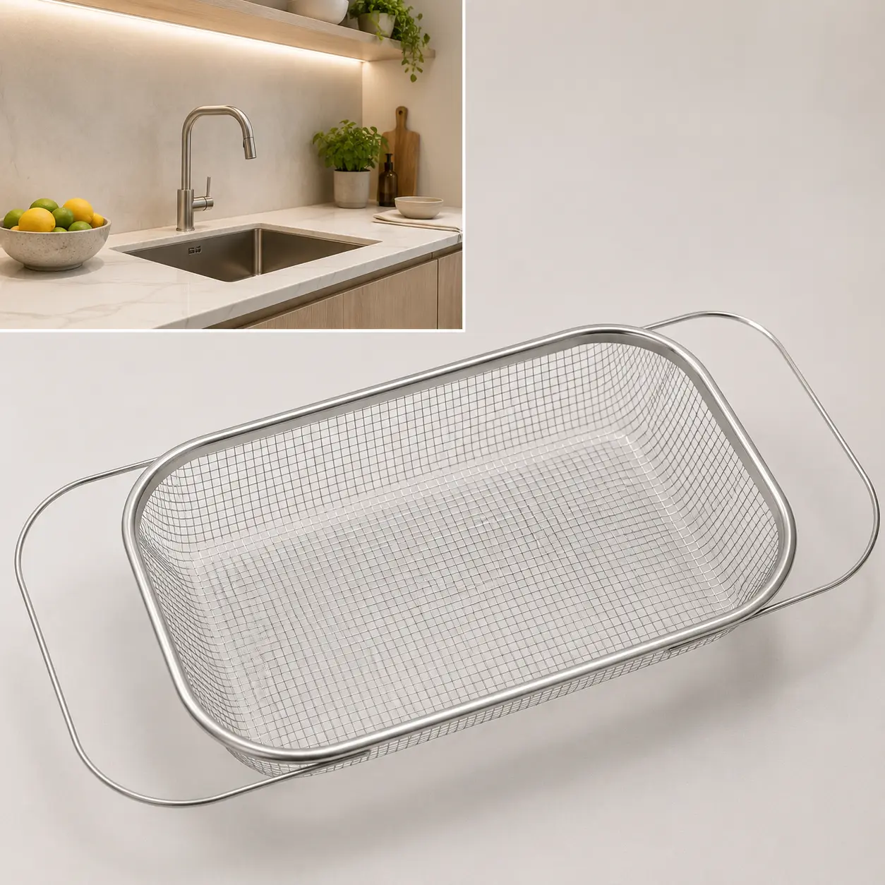 Stainless Steel Expandable Over-The-Sink Colander - Fine Mesh Rectangle Strainer Basket with Handles, Silver Kitchen Essential Utensil