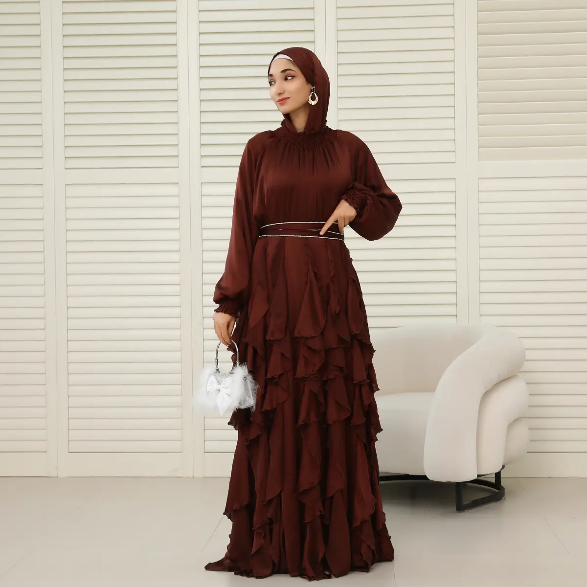 3-Piece Pleated Satin Ruffle Abaya with Crystal Belt & Hijab (NCS015)