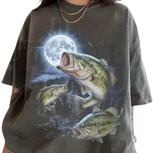 Vintage Bass Fishing Moonlight Tee, Largemouth Bass Graphic Tee, Angler Lake Night Shirt, Fisherman Outdoor Aesthetic Tee, Gift for Men Women, Crew Neck T-shirt, Trending T-shirt