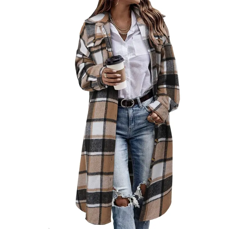 Angerella Women's Checkered Corduroy Shacket - Soft Fabric, Loose Long-Sleeve, Lapel Button-Down, Below-Knee Casual Coat/Jacket for Daily Wear, Night Out