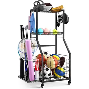 Equipment Garage Organizer,Garage Ball Storage Rack for  with Wheels-Upgraded 3 Layers  Organizer Rack Outdoor Basketball Racks for Balls with Holder and Hooks