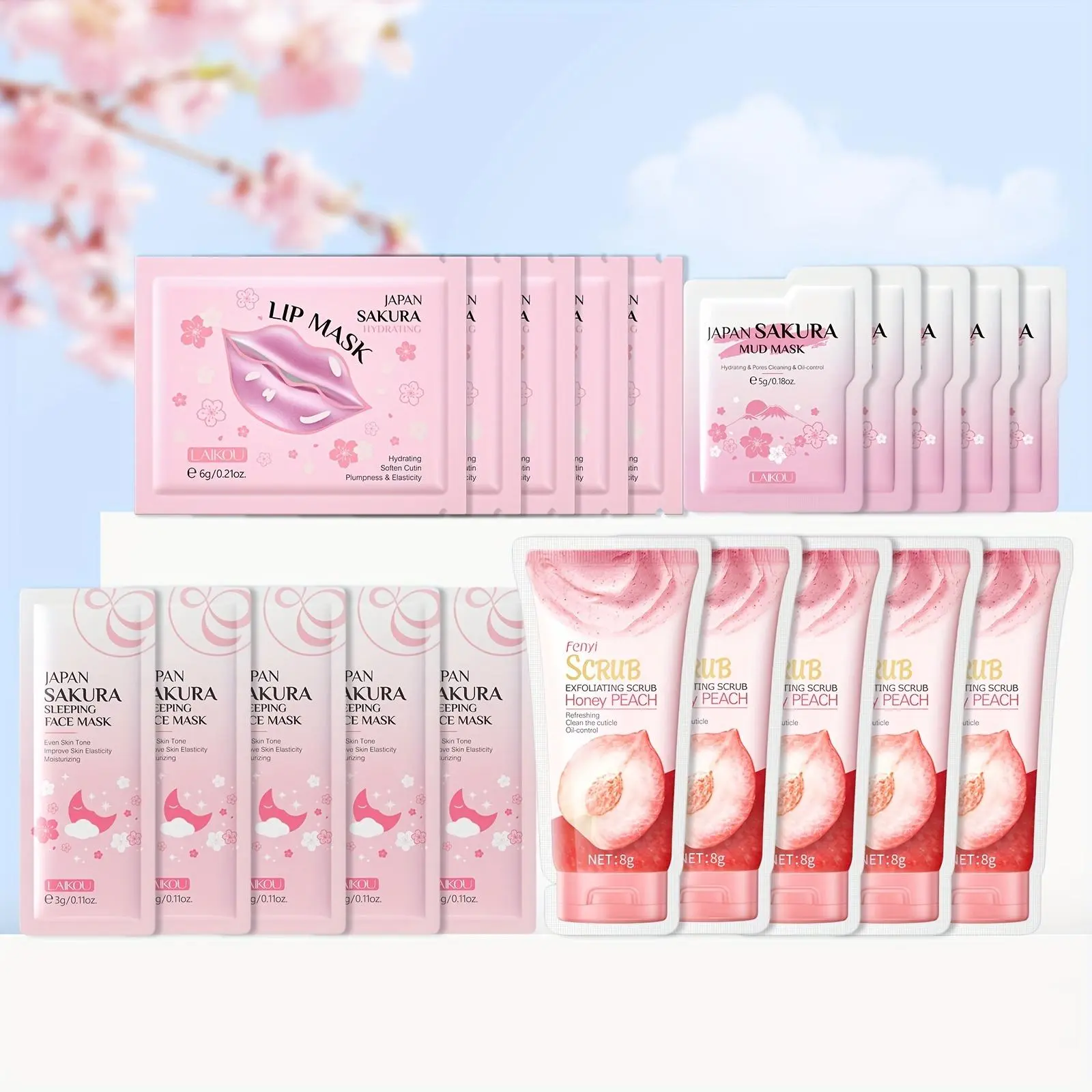 Sakura Skin Care Kit, 20 Pieces/Set Moisturizing Facial Mask, Lip Mask, Mud Mask and Facial Scrub, Hydrating Skin Care Products for Women