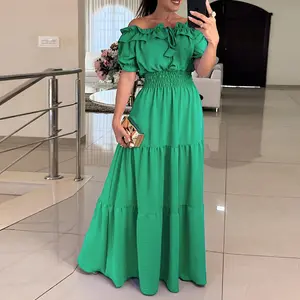 ChicMe Women's Off Shoulder Short Sleeve Frill Hem Lace Up Dress/Gabbi Dress Casual Stretchy Waist Wedding Guest Flared Maxi Wedding Dress