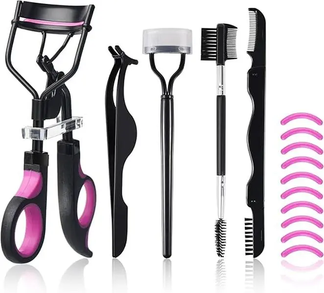 Eyelash Curler Kit – Lash Curler with Comb Separator, 3-in-1 Mascara Brushes, Tweezers, Eyebrow Brush & 10 Silicone Refill Pads