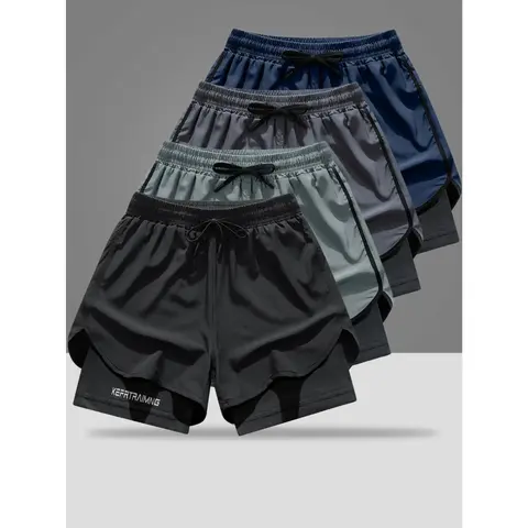 Men's 4-Pack Double-Layer Active Outdoor Sports Shorts - Above-the-Knee, Loose Outer Layer, Breathable Quick-Dry Liner, Ideal for Running, Workouts, Mens Bottoms Clothing