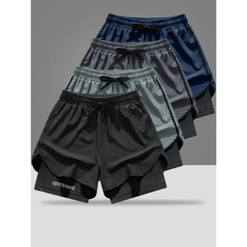 Men's 4-Pack Double-Layer Active Outdoor Sports Shorts - Above-the-Knee, Loose Outer Layer, Breathable Quick-Dry Liner, Ideal for Running, Workouts, Mens Bottoms Clothing