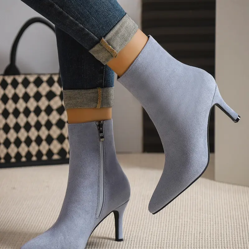 Women's Solid-Color Pointed-Toe High-Heel Ankle Boots Side-Zip Design Fashionable Women's Boots Fleece-Lined for Warmth Velvet Fabric Short-Boot Style Fall Winter Boots