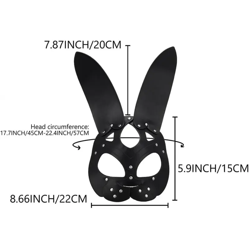 Women's Smooth Black Leather Animal Rabbit Masquerade Mask with Rivets - Adult Halloween Party Accessory, Going Out Night Club Supply, Festive Party Mask