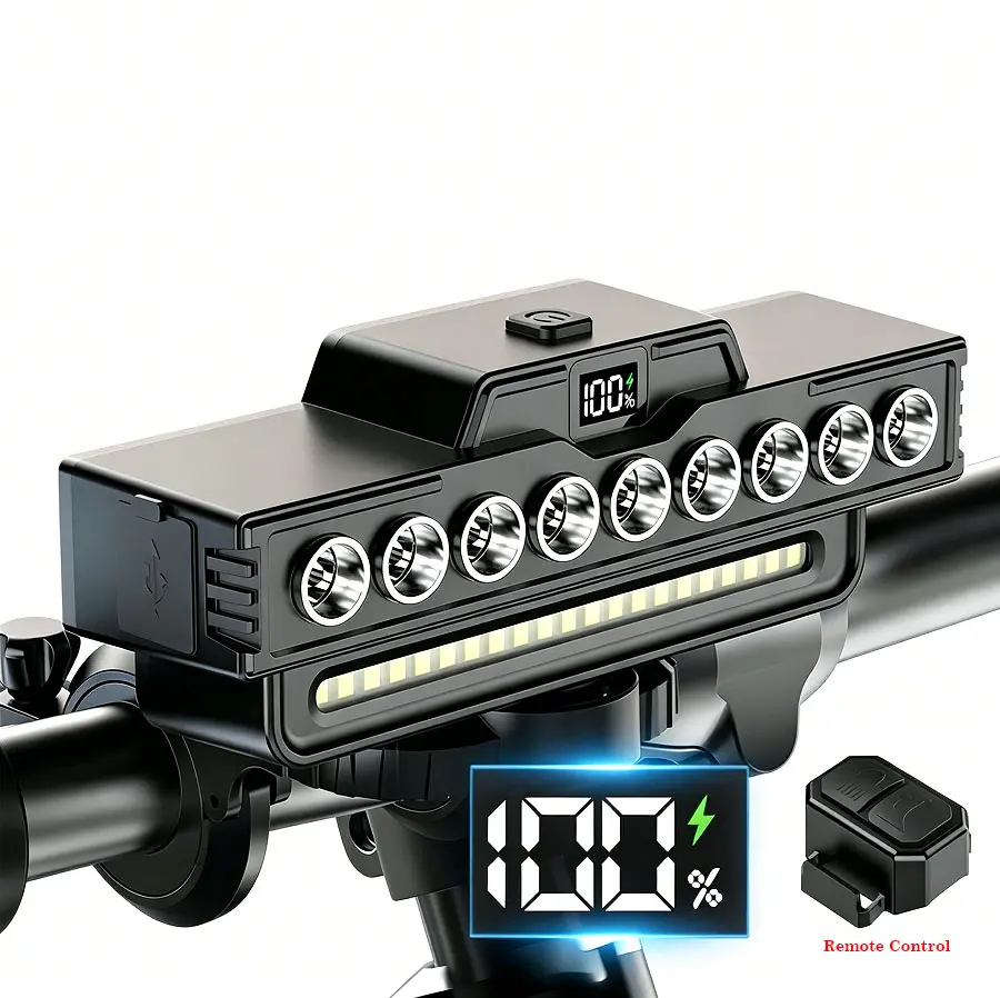 USB Rechargeable LED Bike Headlight with Remote Control, Spotlight & Flood Dual Beams, 7 Modes, 130dB Horn, 2-8 Hour Battery, IP44 Waterproof ABS Shell for Night Cycling, Led Light, Usb Port, 2-8 Hours, Multiple Modes, 15 * 3.8Cm, Bike Tools & Equipment,,
