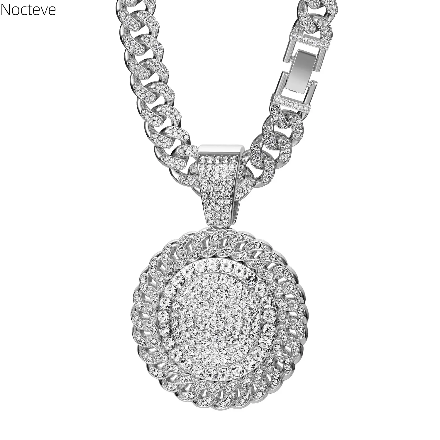 Cuban Link Necklace, Hip Hop Bling Alloy Metal Jewelry with Full Rhinestone Round Pendant for Men Women, Street Party Style, Shiny Stones, Unisex Wear