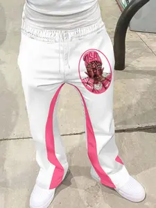 Men's Casual Flare Pants, Casual Streetwear Trousers, 2026 New Street Fashion Print Wide Leg Long Trousers, Elastic Waist Drawstring Slim Fit, All Seasons Y2K Style, Casual Fit Bottoms
