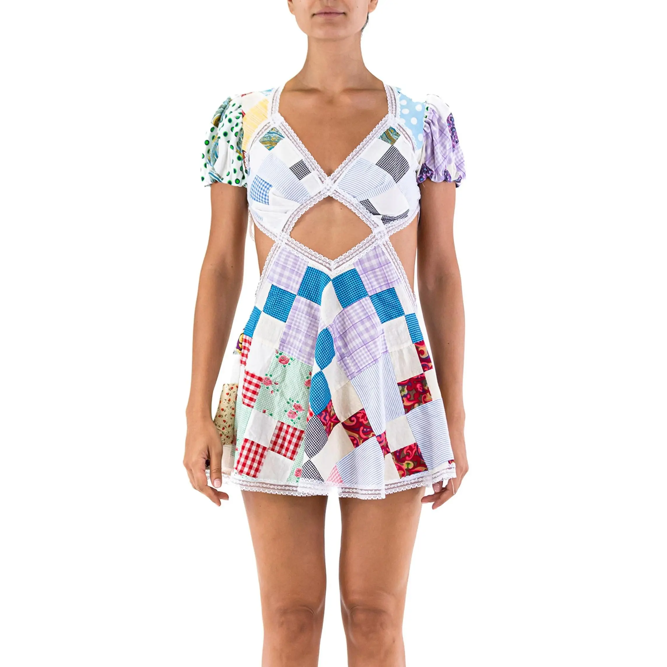 MORPHEW COLLECTION Multicolor Cotton & Vintage Lace Short Patchwork Quilt Dress