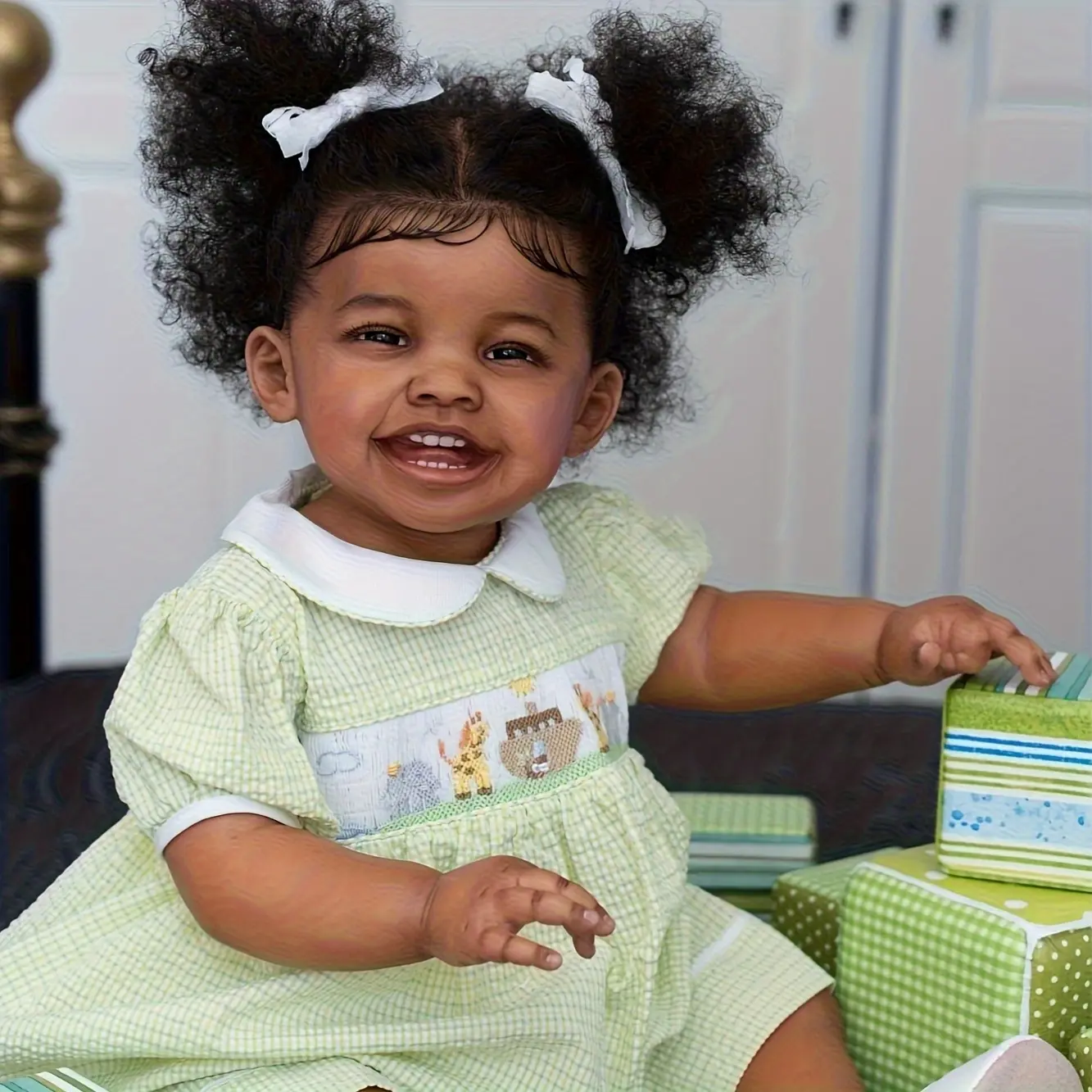 24 in (60cm) Lifelike Realistic Newborn Baby Doll - Full Body Cloth Black Girl Figure, Hand-Dyed Curly Hair, 2 Teeth, Soft Cuddly Christmas Gift (Toys & Hobbies, Dolls & Stuffed Toys, Dolls), Newborn Baby Dolls