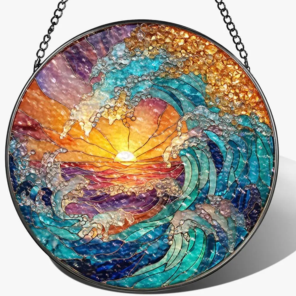 [Made in US] Stained Glass Suncatcher Window Hanging, 7.8 x 7.8 in | Ocean Waves Sunset Nature Scenery Sun Catcher, Home Decor for Housewarming, Mothers Day & Birthday Gifts for Women, Mom, Wife