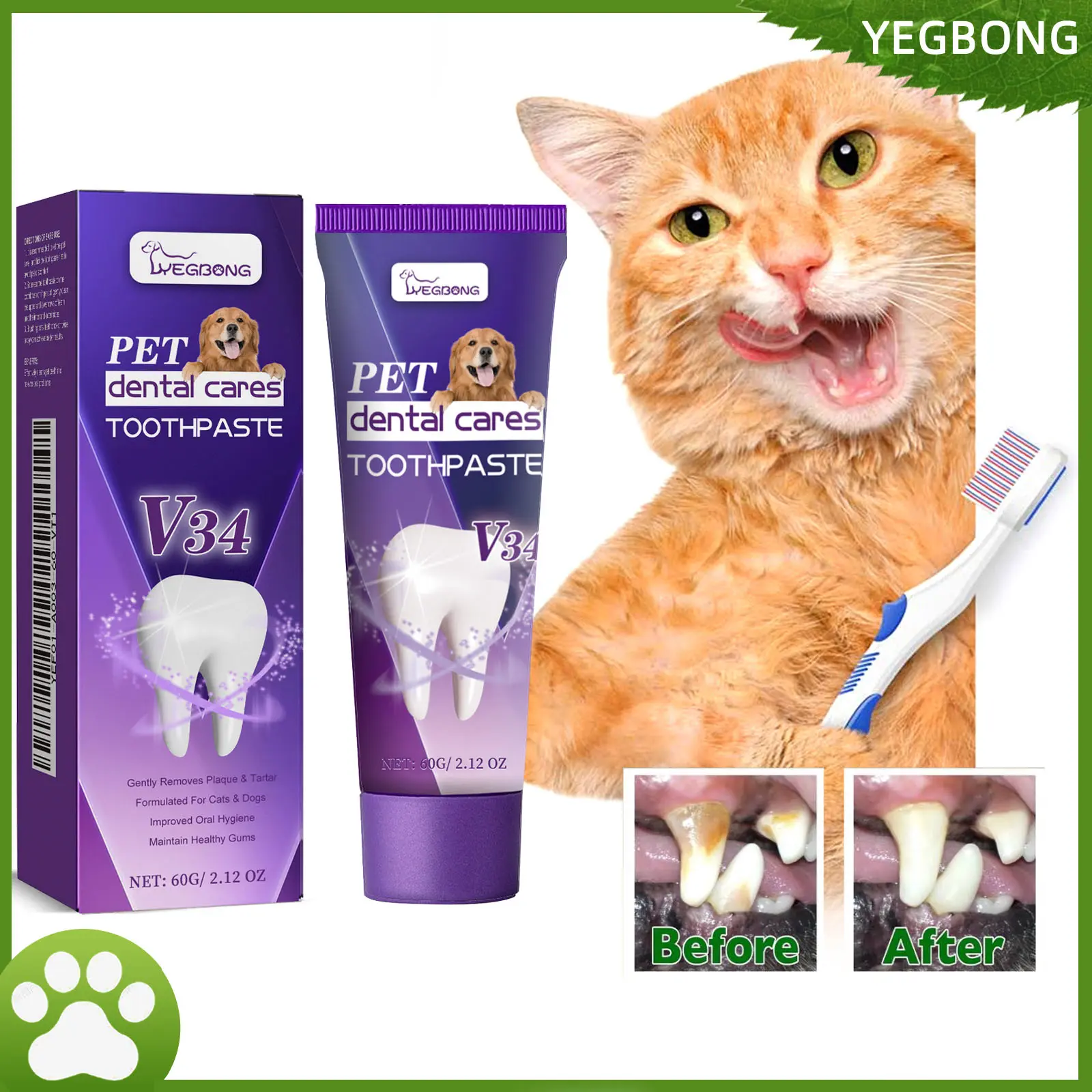 V34 Pet Toothpaste for Dogs & Cats, Mint Extract Dental Care Gel with Papaya & Grape Seed Oil, Helps Clean Teeth, Freshen Breath, Reduce Plaque Buildup & Support Healthy Gums, Daily Oral Care