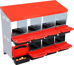  8 holes（Red) Metal Chicken Nesting Box, 8 Compartments Egg Laying Box, Roll Up Design Lid, Red Housing Ventilation