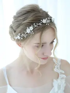 Silver Color Floral Crystal Hair Accessory with Ribbon Decor, Boho Wedding Headpiece for Bridesmaids Graduation Prom Beauty Pageant Jasmine Princess Crown