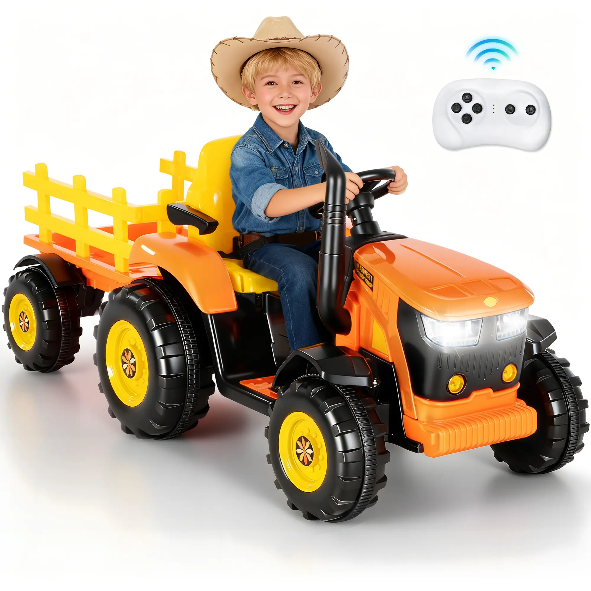 PHIVILLA 24V Electric Tractor for Kids, 2-in-1 with Detachable Trailer and Loader | Remote Control, LED Lights, USB Music, Suitable for Children 3 Years and Up