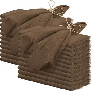 60 Pcs 16x16 Inch Brown Handmade Fringe Cloth Napkins, Delicate Soft Cotton Linen Rustic Dinner Napkins Bulk for Wedding Dinner Party