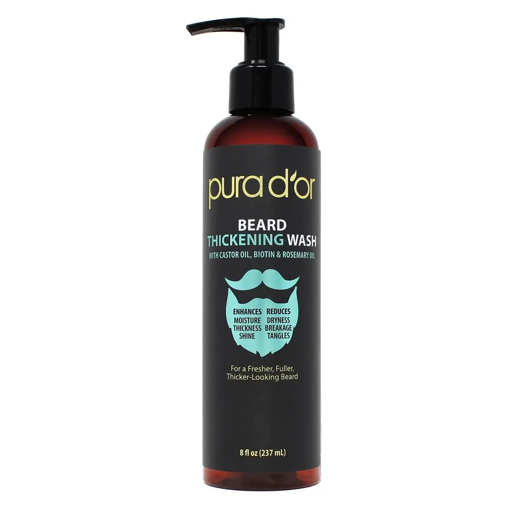 PURA D’OR Beard Thickening Wash 8oz (237ml) – Beard Shampoo with Biotin, Castor Oil & Rosemary Oil for Beard Thickening, Shine & Moisture