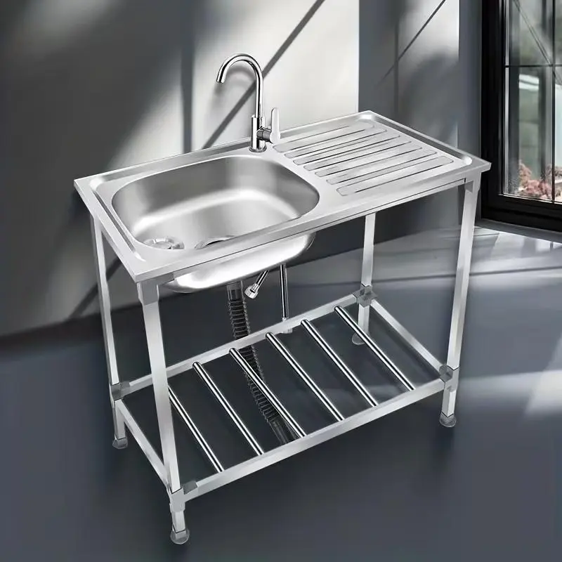 Extra-Large Stainless Steel Outdoor Multi-Function Utility Sink Heavy Duty 304 Single-Basin Portable Freestanding Laundry Tub for Commercial Residential Garage Kitchen Camping Backyard Restaurant Easy-to-Clean Surface Sturdy Stand