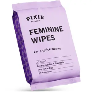 Pixie Menstrual Cup Wipes - On The Go Public Bathroom Wipes for Feminine Care - Safe On Period Cups & Menstrual Discs - Biodegradable, Flushable, pH Balanced & Unscented (20 Count)