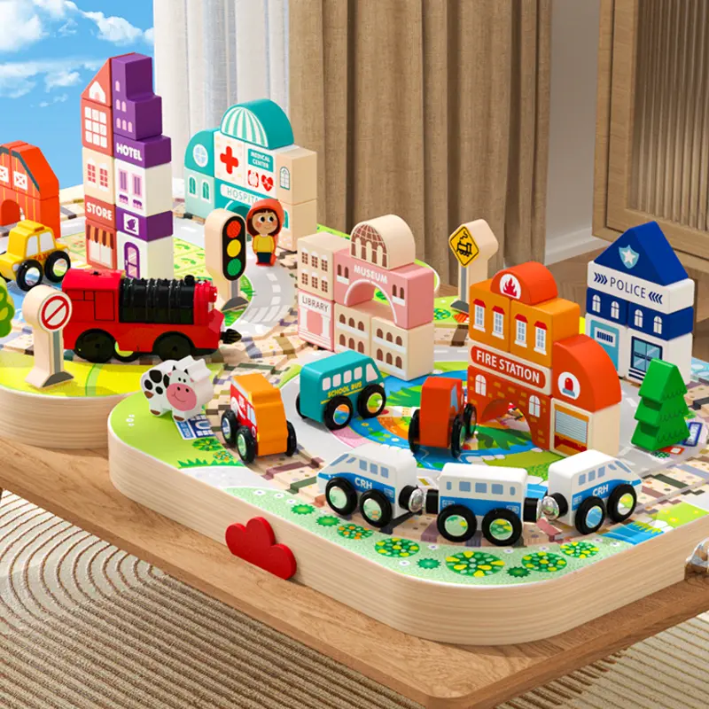 EDUTREE Wooden Track City Blocks Fun Educational Toys for Kids Portable Durable Block Set for Travel Hand-eye Coordination Shape Recognition Halloween Birthday Gifts for Boys Girls, Mother's Day