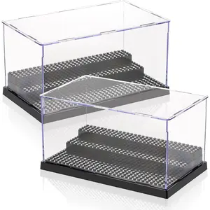 2 Pack Display Case for Minifigure Action Figures Blocks, Acrylic Display Box Storage with 3 Movable Steps, Dustproof Showcase for Collection Bricks Blocks Models Minifigures Building, Black