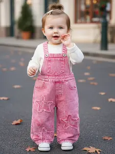 Snow Wash Denim Overalls with Star Embroidery, Adorable Wide-Leg Jumpsuit for Toddler Girls, Baby Girl Clothes, Toddler Outfit