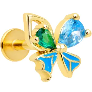 16G 1/4 Blue Green Gem Gold Tone Sweet Butterfly Labret Tragus
