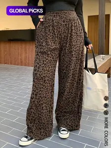 Women's Casual Leopard Print Elastic Waist Corduroy Loose Fit Pants Bottom, Comfortable and Stylish, Perfect for Daily Wear, Everyday, All Season, Back To School Clothes Fall, Trouser