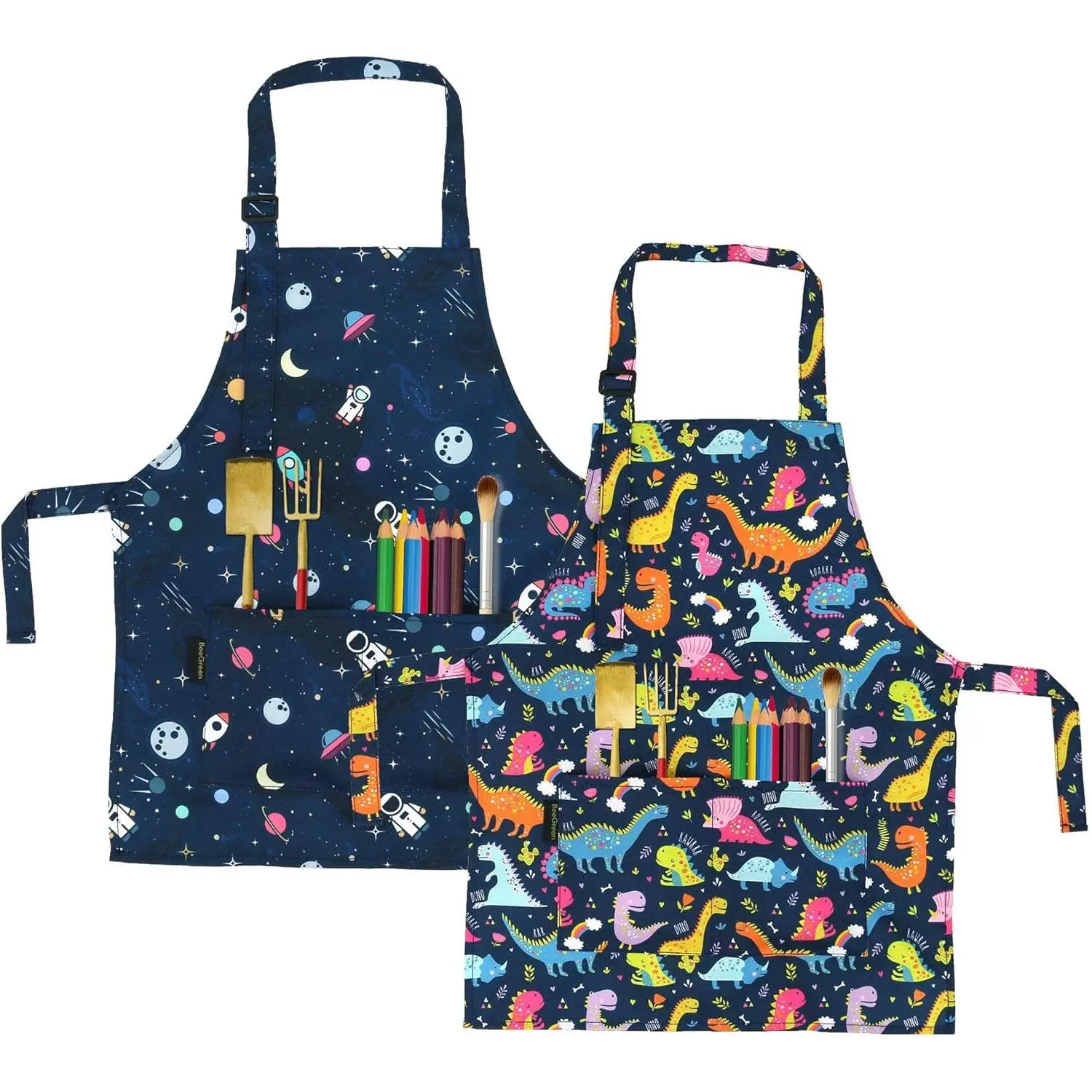 Kids' Dinosaur Print Apron in Polycotton, Adjustable Toddler Art Smock with 2 Pockets for Painting, Baking, and Cooking, Paint, Buckle, 2 Pack, Two Pockets